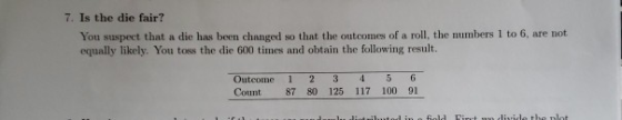 7. Is the die fair? You suspect that a die has been changed so that the outcomes of a roll, the numbers 1 to 6, are not equal