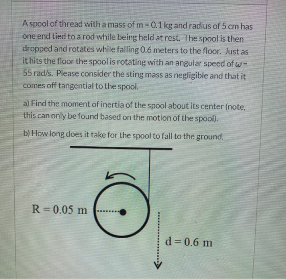 A spool of thread with a mass of m = 0.1 kg and radius of 5 cm has one end tied to a rod while being held at rest. The spool