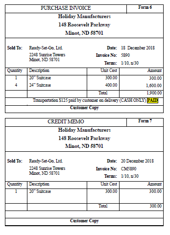 Form 6 PURCHASE INVOICE Holiday Manufacturers 148 Roosevelt Parkway Minot, ND 58701 Sold To: Ready-Set-Go, Ltd Date: 18 Decem