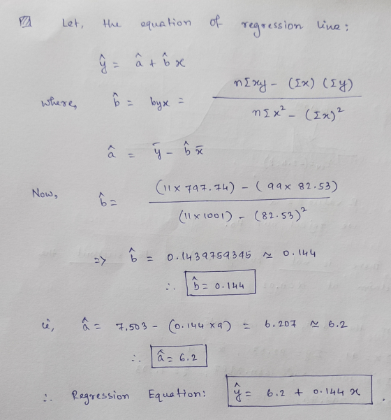Let, the equation of regression ession line it bxe at b oo nExy - (1x) (ly) where, b = byx = nex² - (2x)2 â ý - 5 s (11x797.7