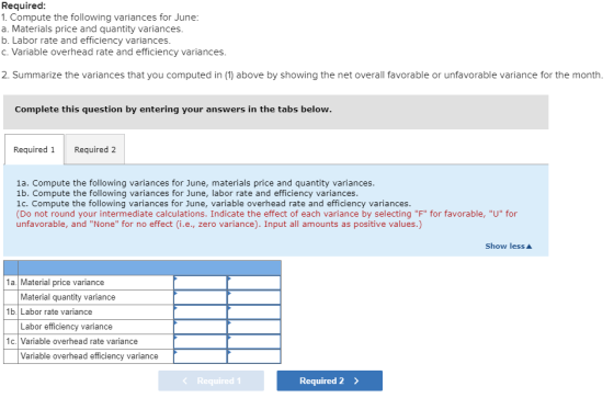 Required: 1. Compute the following variances for June: a. Materials price and quantity variances. b. Labor rate and efficienc
