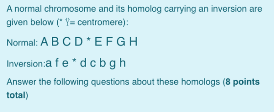 A normal chromosome and its homolog carrying an inversion are given below (* Y= centromere): Normal: A B C D * EFGH Inversion