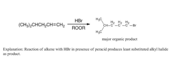 HBr (CH3)2CHCH2CH=CH2 – ROOR HJC H2H2 H2 CH-C2-C2-C2-Br H₃C major organic product Explanation: Reaction of alkene with HBr in