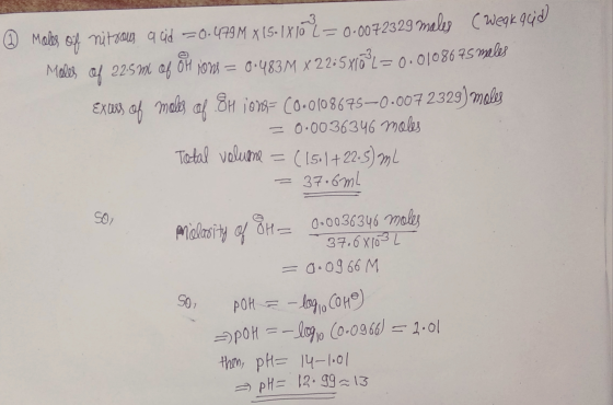☺ Moles of nitrous a aid = 0.479 M X 15-1816 2 = 0.0072329 males ( Wegk 94d Males of 22591 of OH jons = 0·483M X 22:5X10ML =