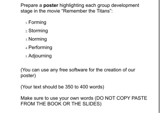 Prepare a poster highlighting each group development stage in the movie Remember the Titans: 1. Forming 2. Storming 3. Norm