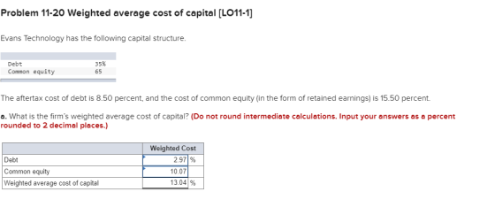 Problem 11-20 Weighted average cost of capital (LO11-1] Evans Technology has the following capital structure. 35% Debt Common