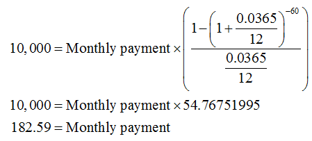 12 0.0365 1-11+- 10,000 = Monthly payment | 0.0365 12 10,000 = Monthly payment * 54.76751995 182.59 = Monthly payment