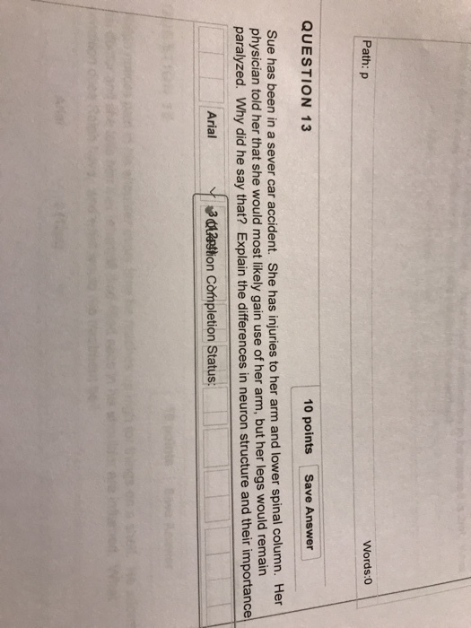 Words: 0 Path: p QUESTION 13 10 points Save Answer been in a sever car accident. She has injuries to her arm and lower spinal column. Her physician told her that she would most likely gain use of her arm, but her legs would remain paralyzed. Why did he say that? Explain the differences in neuron structure and their importance Arial ABORRhon Completion Status: