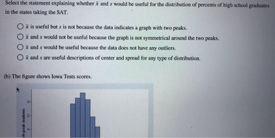 Select the statement explaining whether x and s would be useful for the distribution of percents of high school graduates in the states taking the SAT. O x is useful but s is not because the data indicates a graph with two peaks. O x and s would not be useful because the graph is not symmetrical around the two peaks. O x and s would be useful because the data does not have any outliers. O R and s are useful descriptions of center and spread for any type of distribution. (b) The figure shows Iowa Tests scores