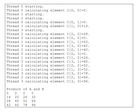 Thread 0 starting Thread 0 calculating element C[0, 01-0 Thread 1 starting. Thread 2 starting. Thread 0 calculating element C