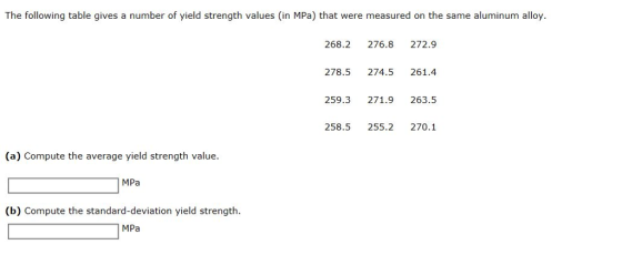 The following table gives a number of yield strength values (in MPa) that were measured on the same aluminum alloy. 268.2 276.8 272.9 278.5 274.5 261.4 259.3 271.9 263.5 258.5 255.2 270.1 (a) Compute the average yield strength value. (b) Compute the standard-deviation yield strength. MPa