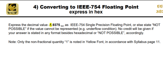 4) Converting to IEEE-754 Floating Point express in hex EE 380 Clf Express the decimal value - 1.9375 ten as IEEE-754 Single