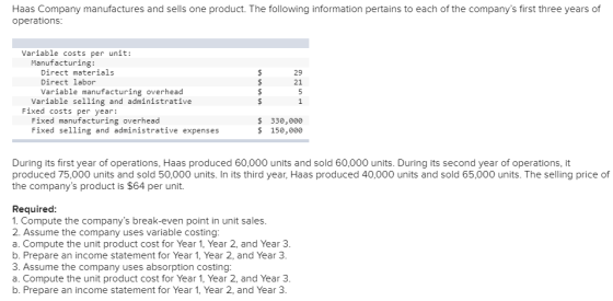 Haas Company manufactures and sells one product. The following information pertains to each of the companys first three year