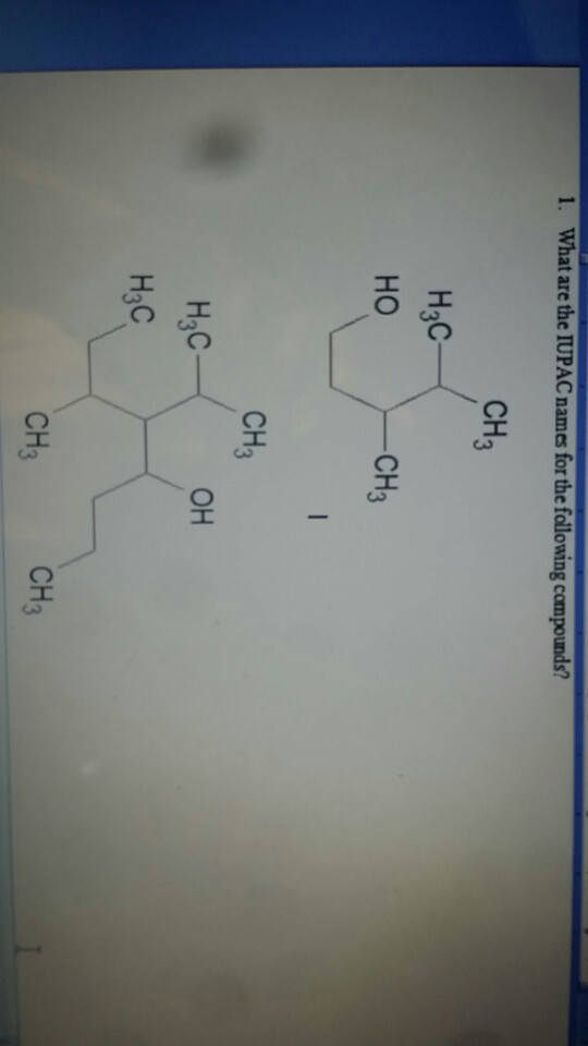 1. What are the IUPAC names for the following compounds? CH3 H3C — но — СН3 ОН HC- HC CH3 CH3
