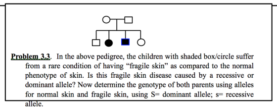 Problem 3.3. In the above pedigree, the children with shaded box/circle suffer from a rare condition of having fragile skin as compared to the normal phenotype of skin. Is this fragile skin disease caused by a recessive or dominant allele? Now determine the genotype of both parents using alleles for normal skin and fragile skin, using S- dominant allele; s- recessive allells