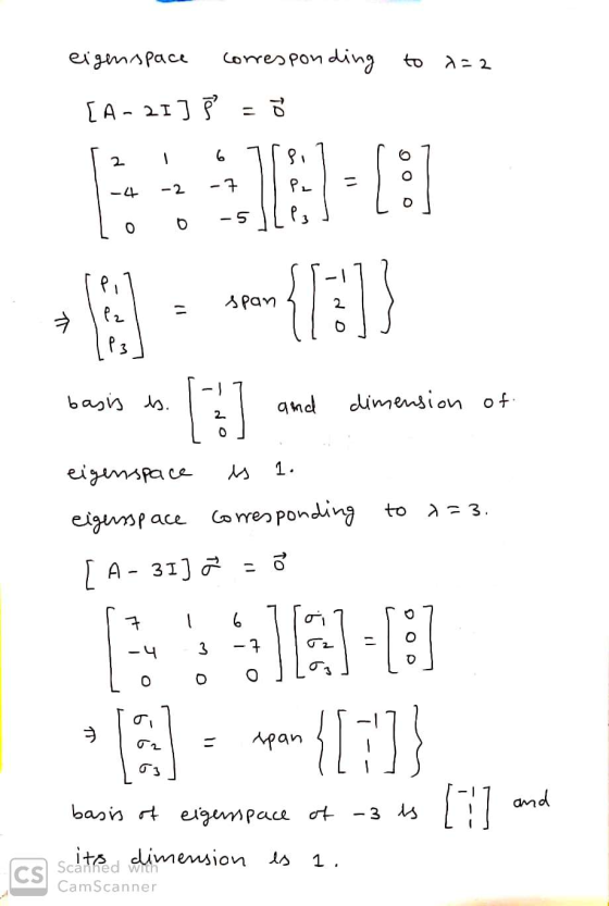x=2 eigen space corresponding to [A-21] B = i 6 2 ९. - -4 -2 - 5 O 10 [:] {10}} span تیت P2 P3 basis es. and dimension of 2 1