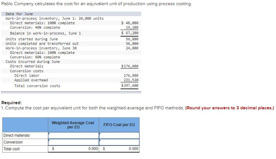 Pablo Company calculates the cost for an equivalent unit of production using process costing. $ 48,000 19,200 $ 67,200 56,800