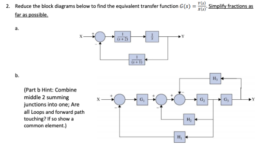 Simplify fractions as 2. Reduce the block diagrams below to find the equivalent transfer function G() = far as possible. (Par