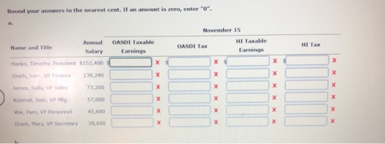 Round your answers to the nearest cent. If an amount is zero, enter 0. d. November 15 Annual Salary Name and Title OASDI Ta