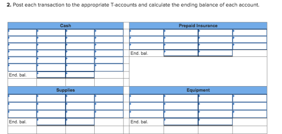 2. Post each transaction to the appropriate T-accounts and calculate the ending balance of each account. Cash Prepaid Insuran