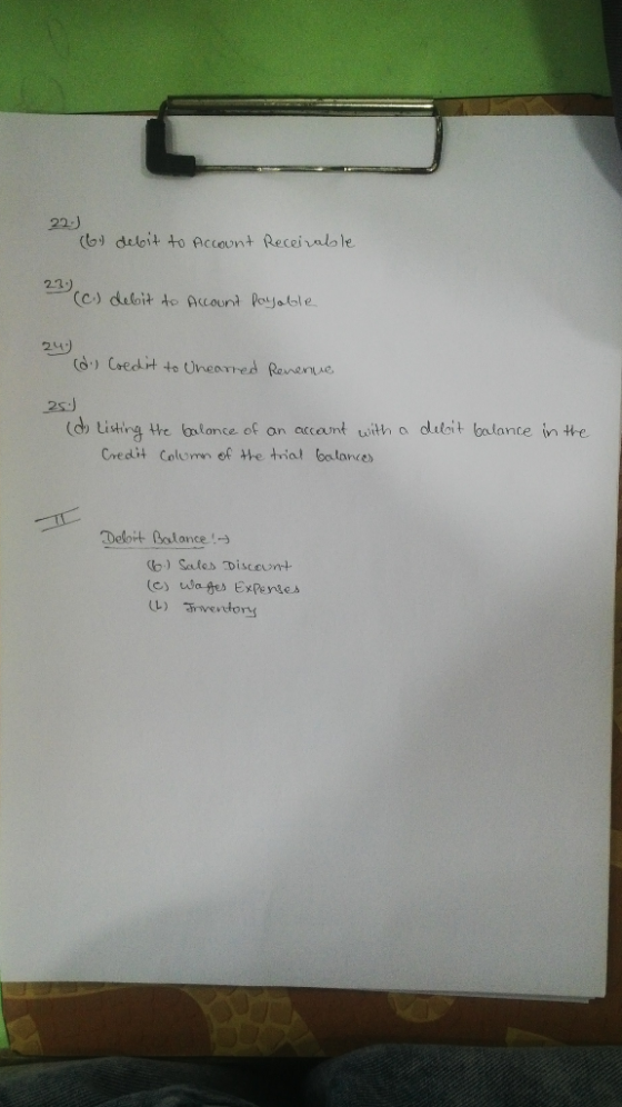 22) (6) debit to Account Receivable 239 (c.) debit to Account Payable 240 (di) Credit to Unearted Revenue 25. debit balance i