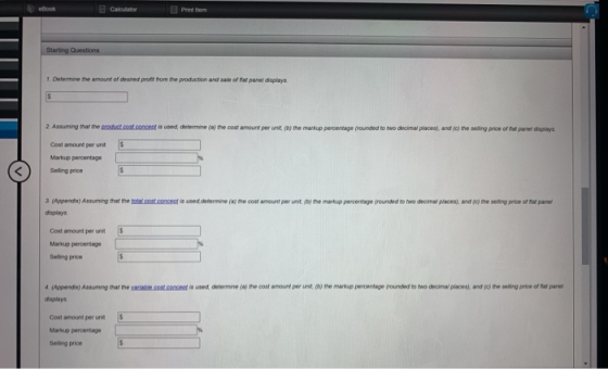 Printem Starting Questions 1. Determine the amount of desred proff from the production and s o far panel displays 2. Assuming