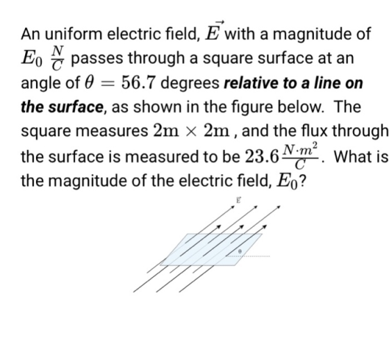 An uniform electric field, E with a magnitude of Eo passes through a square surface at an angle of θ-56.7 degrees relative to a line on the surface, as shown in the figure below. The square measures 2m × 2m , and the flux through the surface is measured to be 23.6N.m^, What is the magnitude of the electric field, E)?