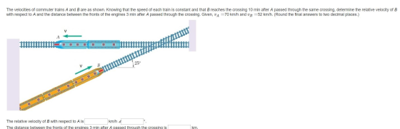 The velocities of commuter trains A and B are as shown. Knowing that the speed of each train is constant and that B reaches t