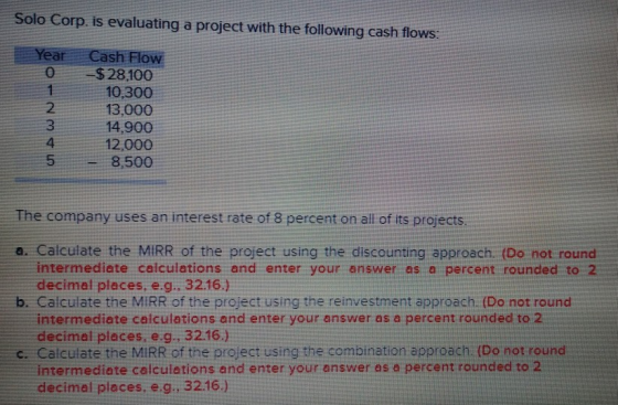Solo Corp. is evaluating a project with the following cash flows: Year WN - Cash Flow -$28,100 10,300 13,000 14,900 12,000 8,