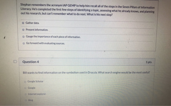 Stephan remembers the acronym IAP GEMP to help him recall all of the steps in the Seven Pillars of Information Literacy. Hes