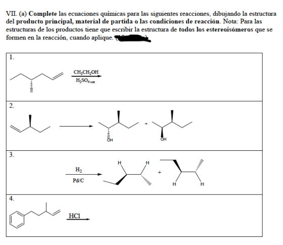 VIL (a) Complete las ecuaciones químicas para las siguientes reacciones, dibujando la estructura del producto principal, mate