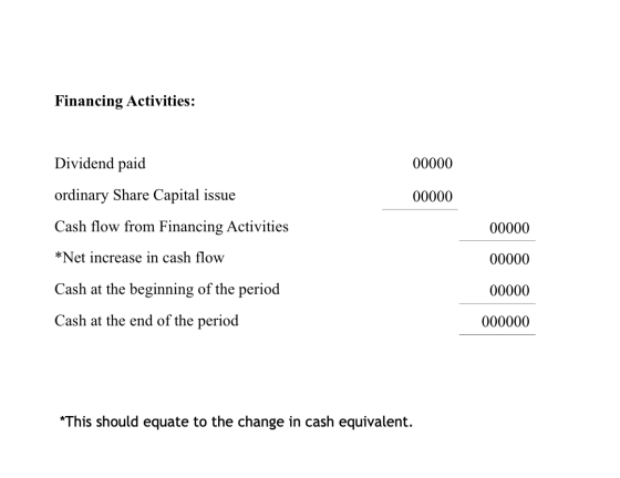 Financing Activities: Dividend paid 00000 ordinary Share Capital issue 00000 Cash flow from Financing Activities 00000 *Net i