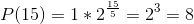 P(15)=1*2^{\frac{15}5}=2^3=8