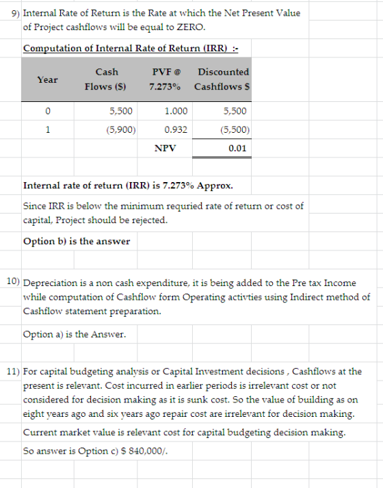 9) Internal Rate of Return is the Rate at which the Net Present Value of Project cashflows will be equal to ZERO Computation of Internal Rate of Return (IRR) Cash PVF @ Discounted Cashflows$ 5,500 (5,500) 0.01 Year Flows($) 7.273% 5,500 1.000 (5,900) 0.932 NPV Internal rate of return (IRR) is 7.273% Approx. Since IRR is below the minimum requried rate of return or cost of capital, Project should be rejected Option b) is the answer 10) Depreciation is a non cash expenditure, it is being added to the Pre tax Income while computation of Cashflow form Operating activties using Indirect method of Cashflow statement preparation. Option a) is the Answer 11) For capital budgeting analysis or Capital Investment decisions, Cashflows at the present is relevant. Cost incurred in earlier periods is irrelevant cost or not considered for decision making as it is sunk cost. So the value of building as on eight years ago and six years ago repair cost are irrelevant for decision making Current market value is relevant cost for capital budgeting decision making So answer is Option c) S 840,000/