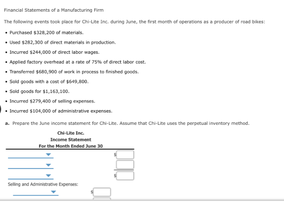 Financial Statements of a Manufacturing Firm The following events took place for Chi-Lite Inc. during June, the first month o