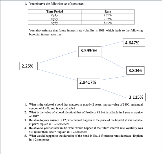 1. You observe the following set of spot rates: Time Period Oyly Oy2y Оузу Rate 2.25% 2.75% 3.10% You also estimate that futu