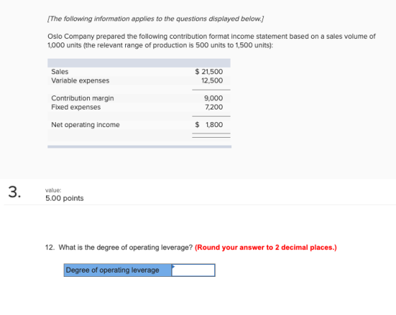 The following information applies to the questions displayed below.] Oslo Company prepared the following contribution format