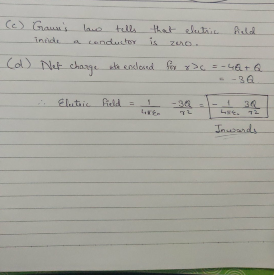 (c) Gauns inside law tells a conductor that electric is zero. field d) Net charge ete enclosed for r c =-4Q+ Q. =-3Q. Electr