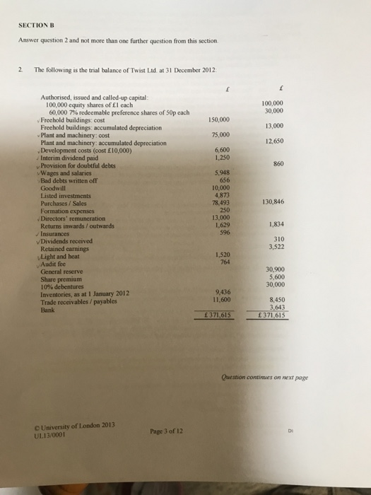 SECTION B Answer question 2 and not more than one further question from this section 2 The following is the trial balance of
