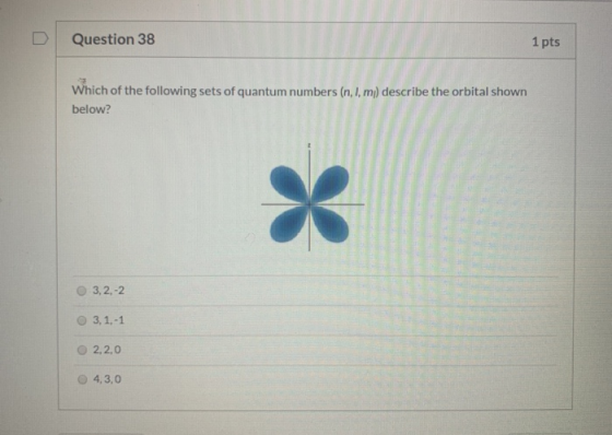Question 38 1 pts Which of the following sets of quantum numbers (n,1,m) describe the orbital shown below? 0 3,2,-2 3.1.-1 0