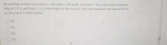 An existing vertical curve joins a +4% with a -4% grade. Assume f = 0.4, a perception-reaction time of 2.5 s, and that S <L.