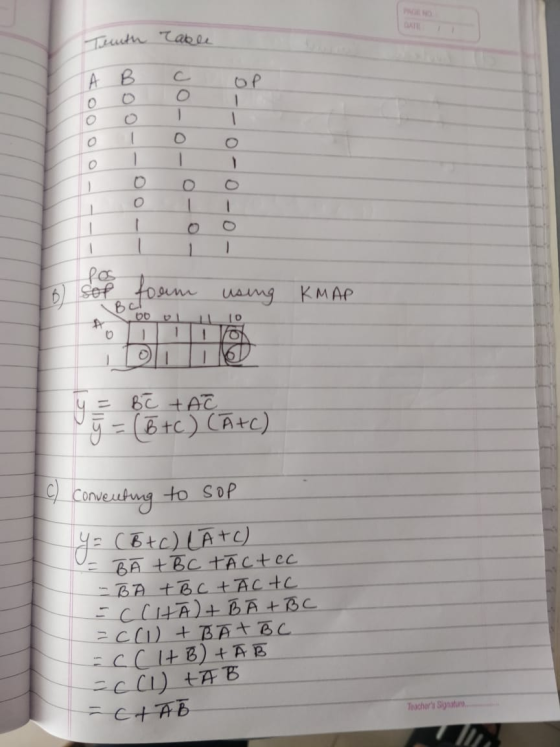 Touth Table A B OP Sop foam using KMAP 161 = BC TAC ý = (b +c) CÃtc) c) conventing to sop Y = (B+C) L ĀTC) = BĀ ABC Tactec -