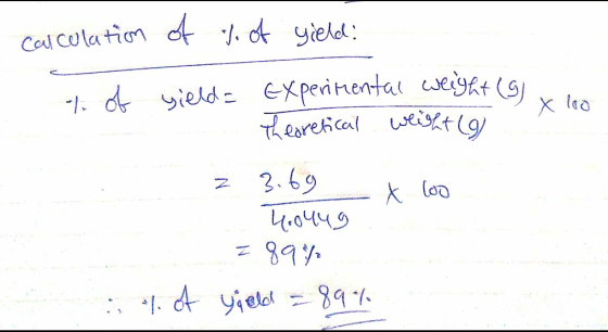 calculation of t. of yield: to of yield= Experimental weight ga Theoretical weight 9 z 3.69 young I 89% sy of yoeld = 89%