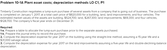 Problem 10-1A Plant asset costs; depreciation methods LO C1, P1 Timberly Construction negotiates a lump-sum purchase of sever