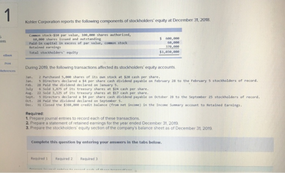 Kohler Corporation reports the following components of stockholders equity at December 31, 2018. ints Common stock-$10 par v