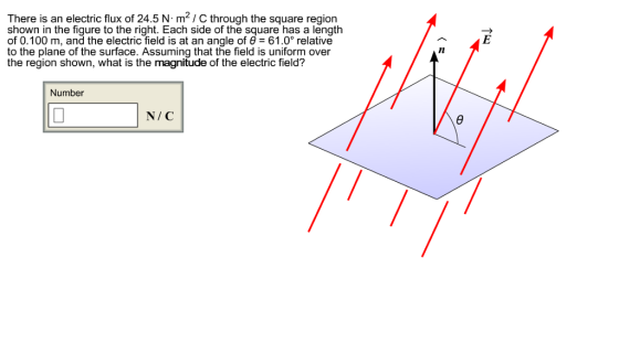 There is an electric flux of 24.5 N·m2 C through the square region shown in the figure to the right. Each side of the square has a length of 0.100 m, and the electric field is at an angle of = 61.0° relative to the plane of the surface. Assuming that the field is uniform over the region shown, what is the magnitude of the electric field? Le , lit. Number N/C