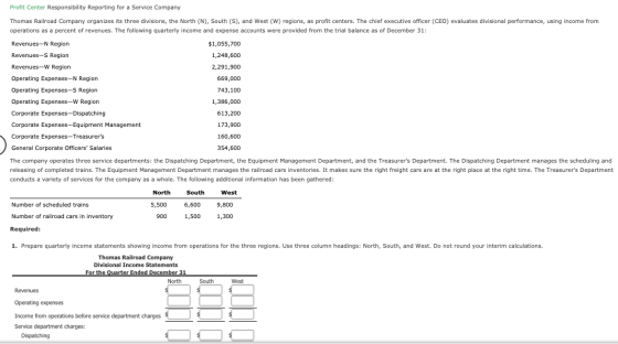 Profit Center Responsibility Reporting for a Service Company Thomas Railroad Company organizes its three divisions, the North