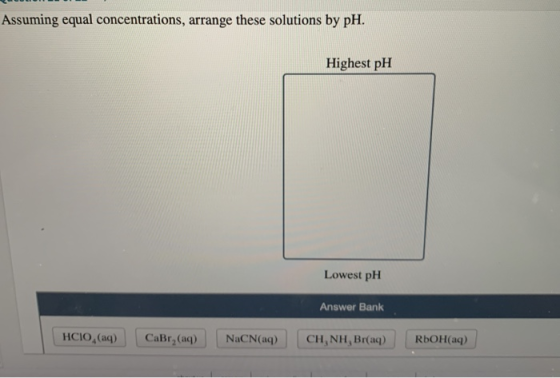 Assuming equal concentrations, arrange these solutions by pH. Highest pH Lowest pH Answer Bank HCIO, (aq) Cabr,(aq) NaCN(aq)