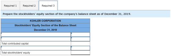 Required 1 Required 2 Required 3 Prepare the stockholders equity section of the companys balance sheet as of December 31, 2