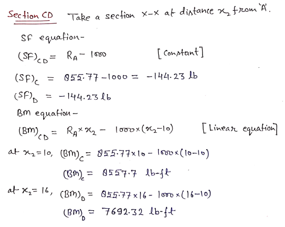 Section CD Take a section X-X at distance xs from . SF equation- (SF) = RA-1000 [ Constant] (SF) = 055.77-1000 = -144.23 lb
